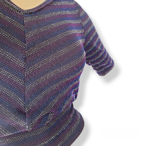 70s Retro Inspired Blue, Purple & Silver Striped Metallic Open Back Blouse - Picture 2 of 8